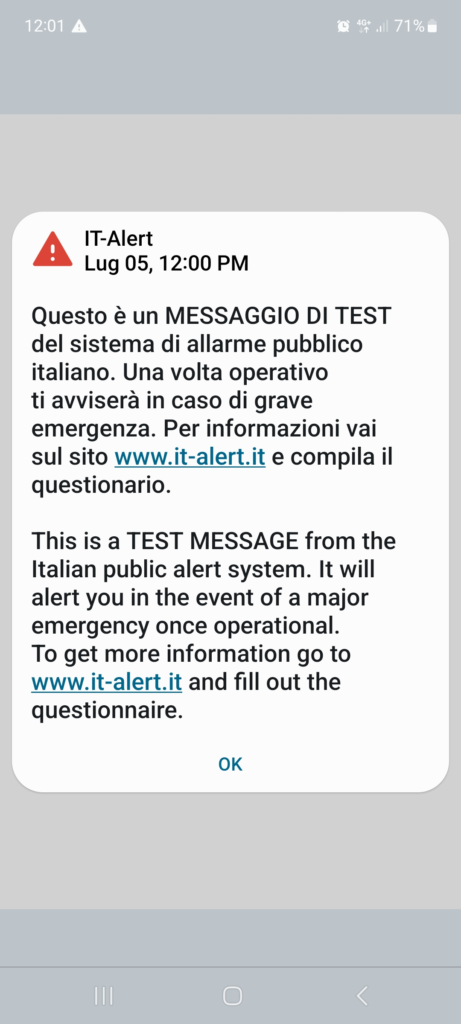 Messaggio di test IT-alert visualizzato su uno smartphone